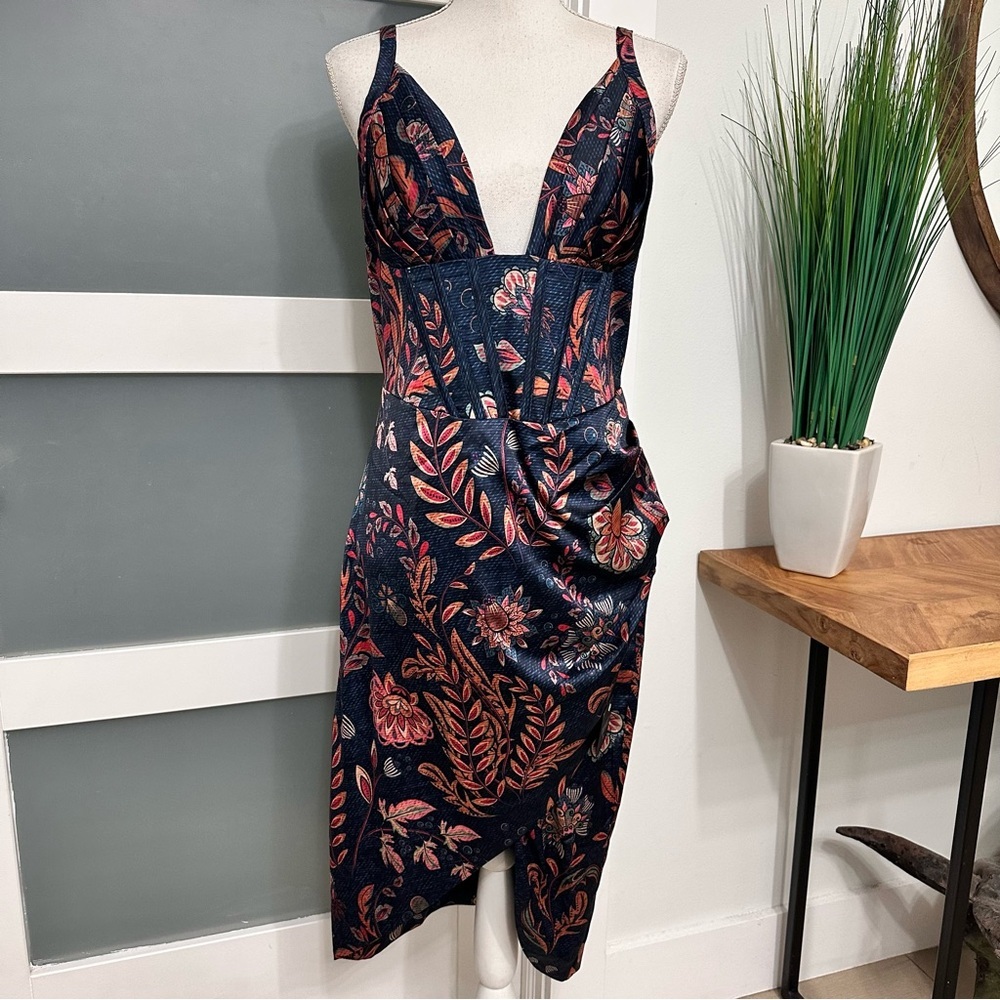 Averie Halley Draped Floral Midi Dress Cobalt Blue SZ XL Wedding Guest Chic NWT - Picture 4 of 9